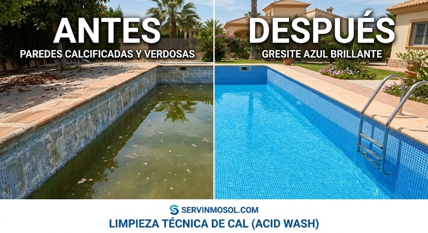 Lavado Ácido de Piscina - Antes y Después Comparación del antes y después de una limpieza técnica de cal (Acid Wash) en piscina
