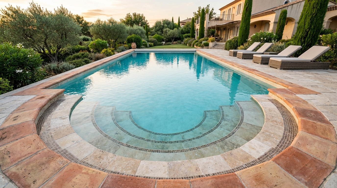 Construcción de Escalera Romana - SERVINMOSOL Piscina reformada con una escalera romana de obra en forma de semicírculo