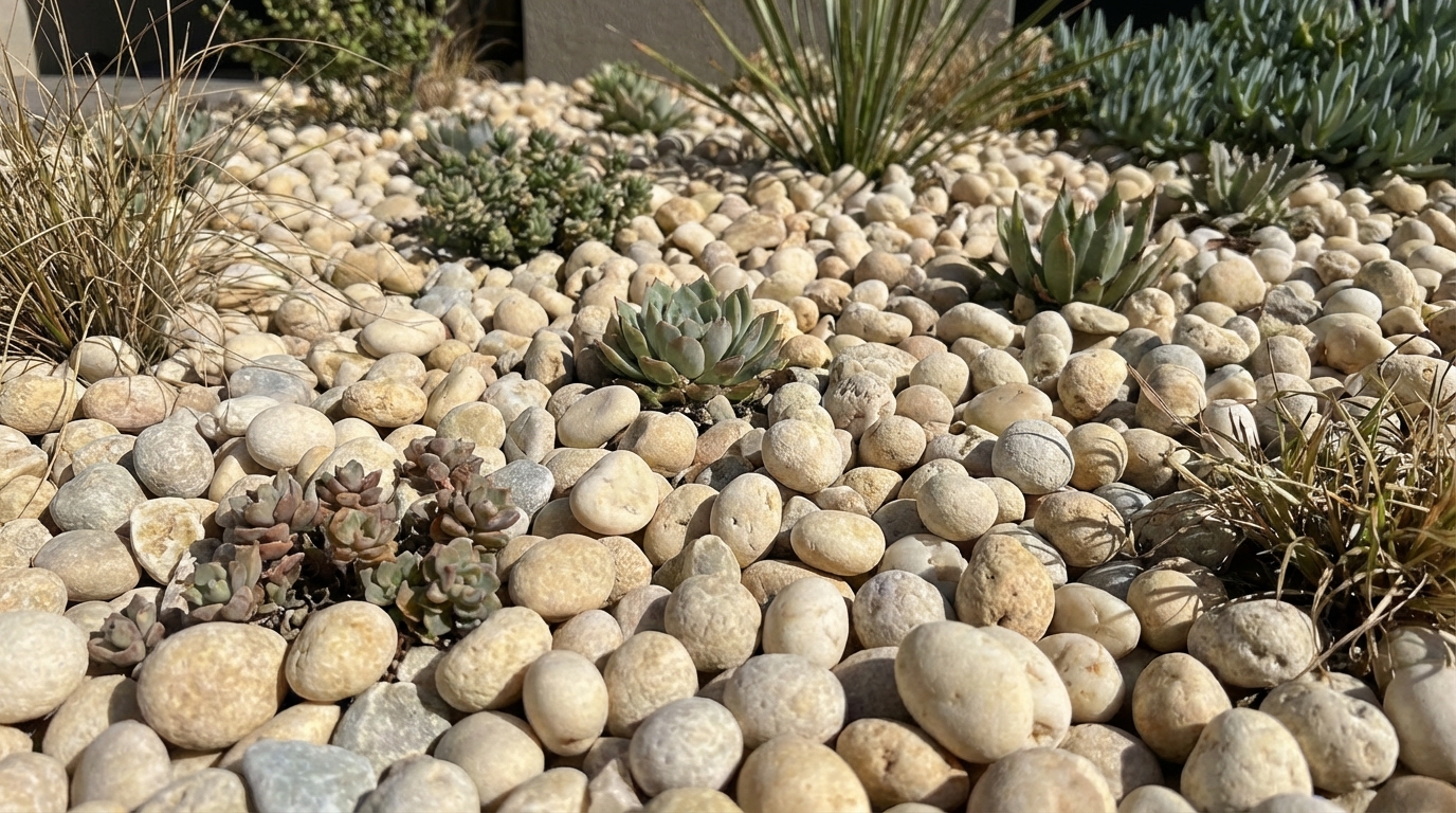 Detalle de grava decorativa tipo Garbancillo de Río / Grava Calcárea para xerojardinería