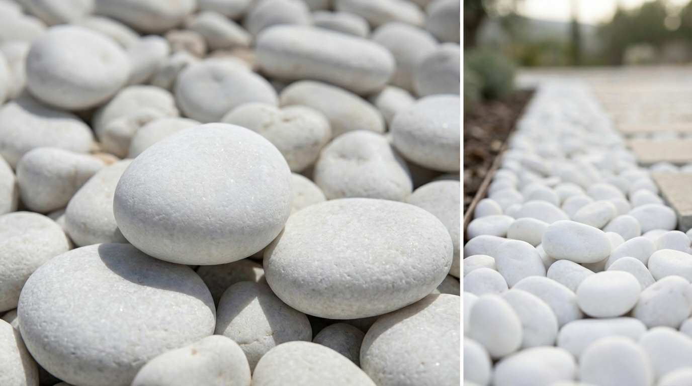 Detalle de grava decorativa tipo Canto Rodado Blanco (Macael) para xerojardinería
