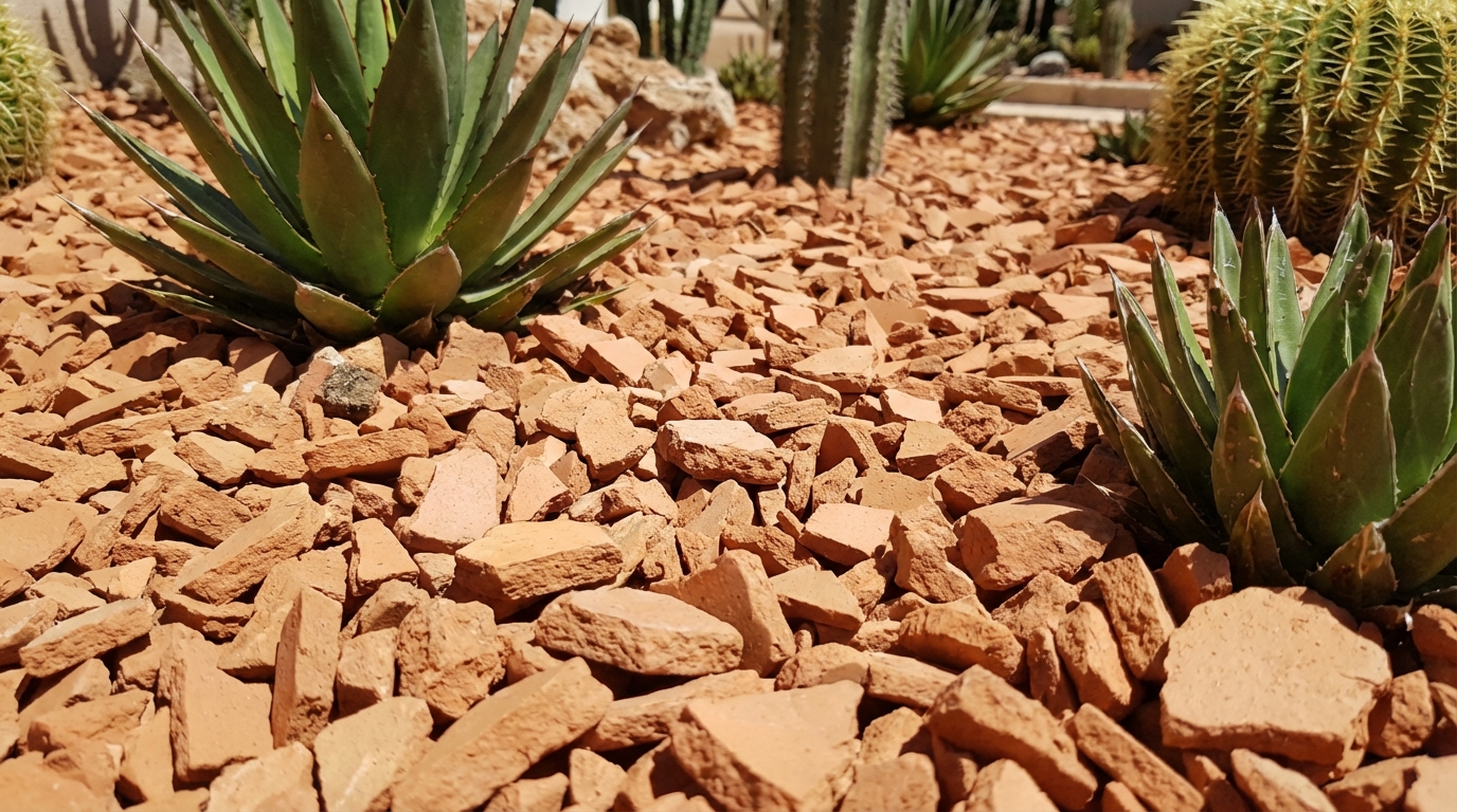 Detalle de grava decorativa tipo Chamota (Teja Triturada) para xerojardinería