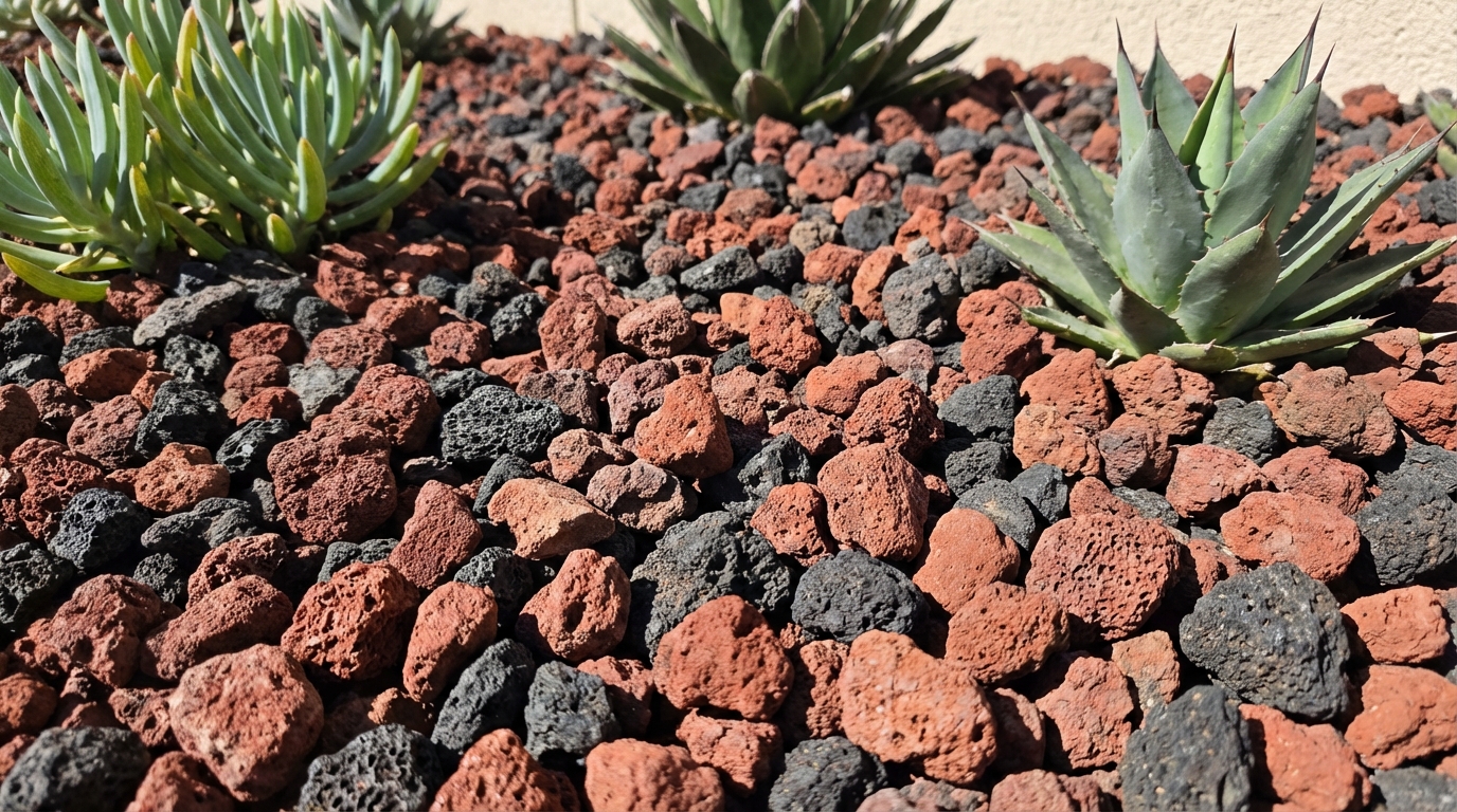 Detalle de grava decorativa tipo Grava Volcánica (Roja o Negra) para xerojardinería