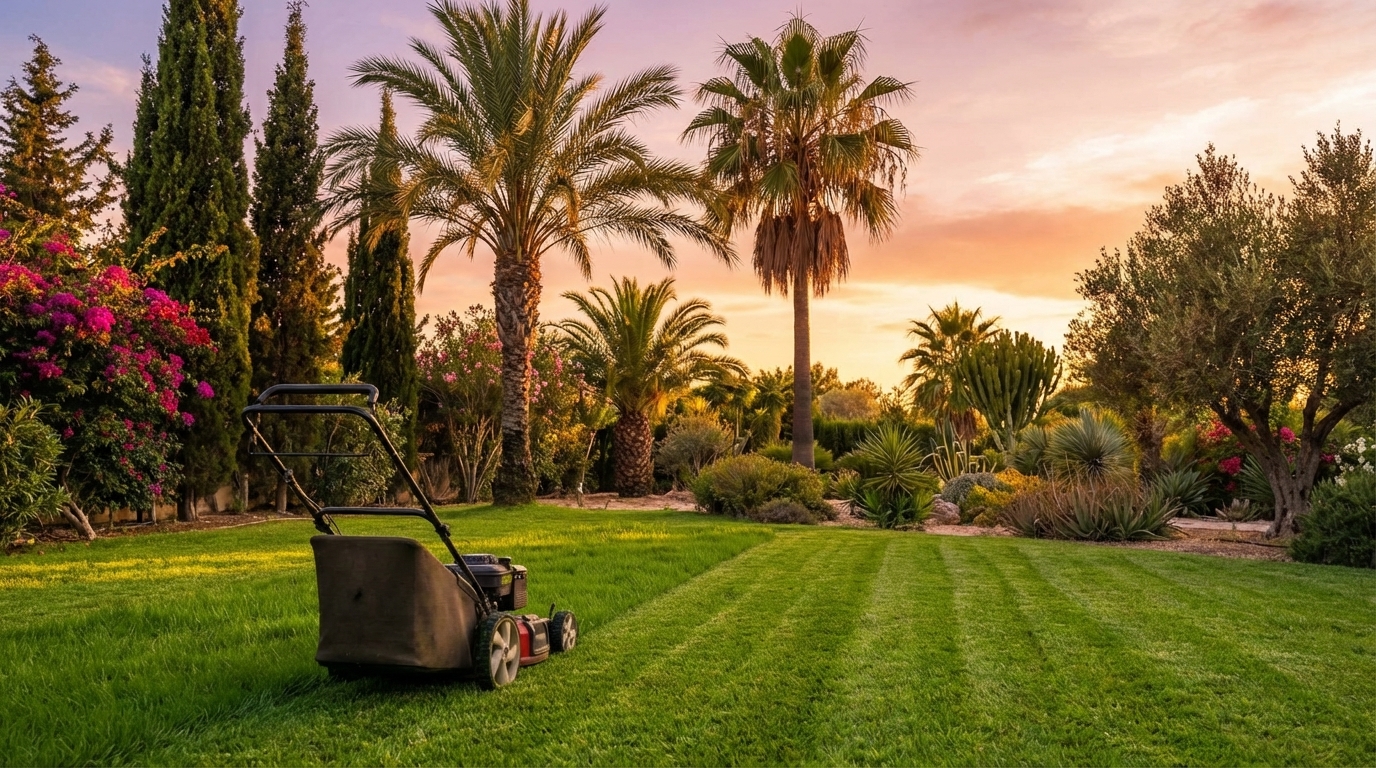 Jardinero profesional pasando una máquina cortacésped en una amplia pradera verde de una comunidad de vecinos