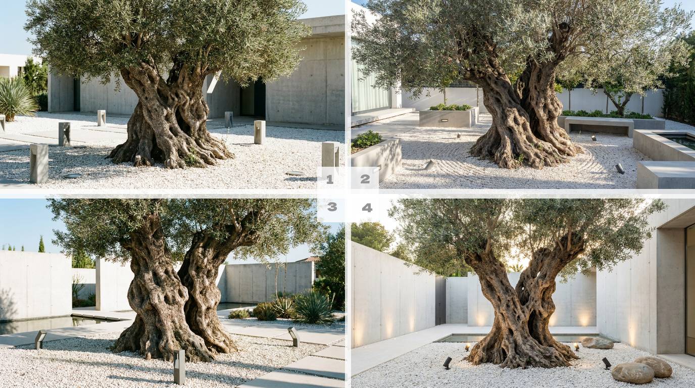 Majestic centennial olive tree used as a sculptural centerpiece in a modern garden