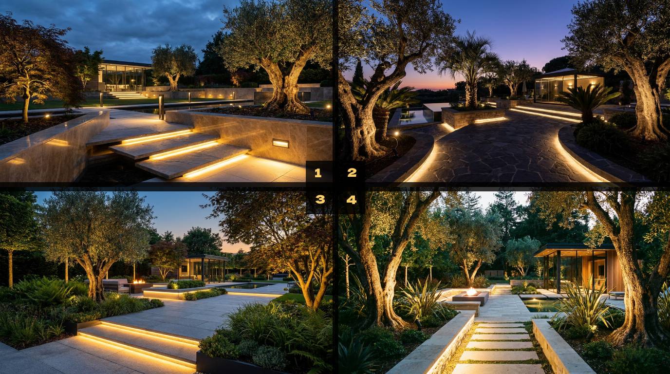 Garden illuminated at night with scenic LED technology, controlled via home automation