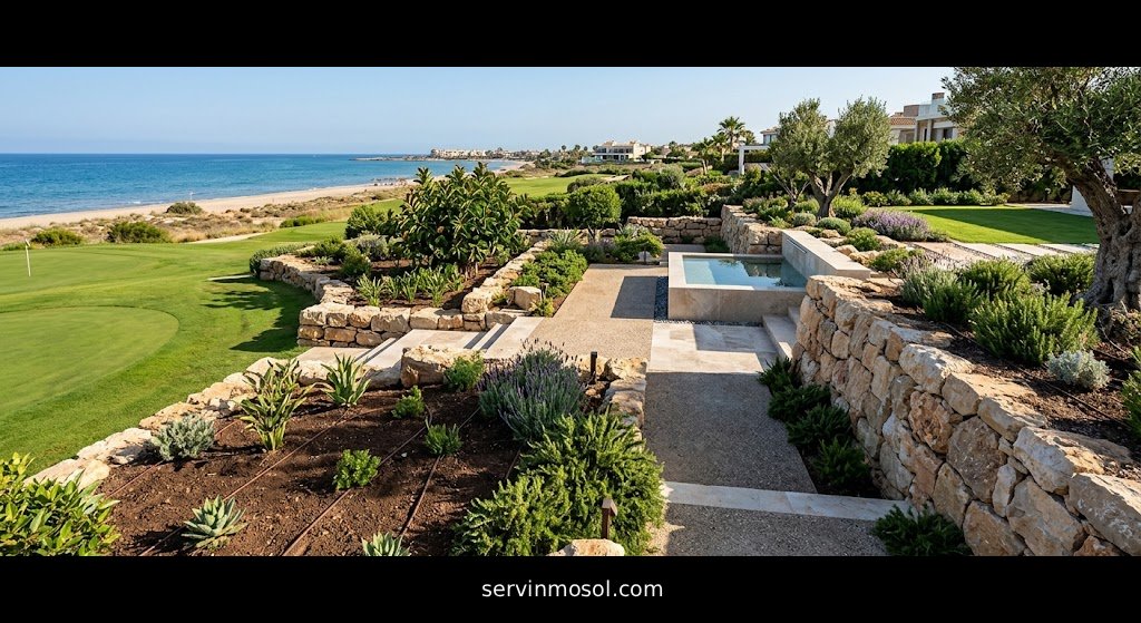 Panorámica fotográfica de un jardín Mediterráneo de lujo integrado en un campo de golf con vistas a la costa de Murcia