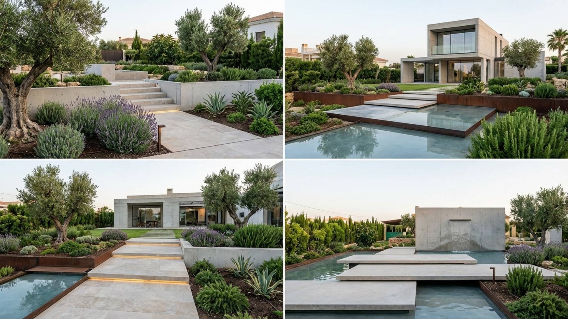 Paisajismo en Zonas Comunes Exclusive y Urbanizaciones de Lujo Fotografía real de una zona común de lujo en una urbanización exclusiva con paisajismo integrado, iluminación escultural y zonas de descanso