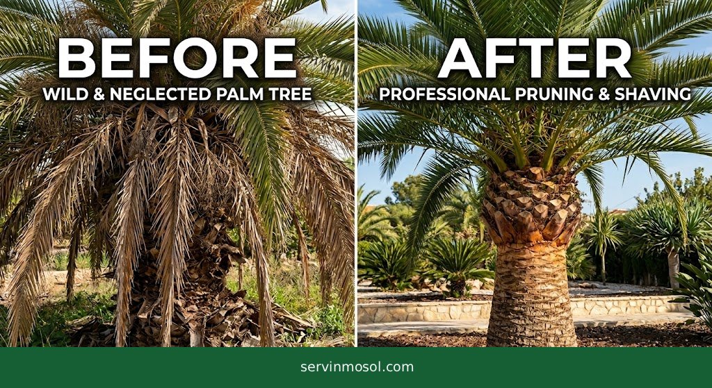 Real photograph detailing a perfectly pruned palm tree, showing the clean geometric crown and smooth shaved trunk