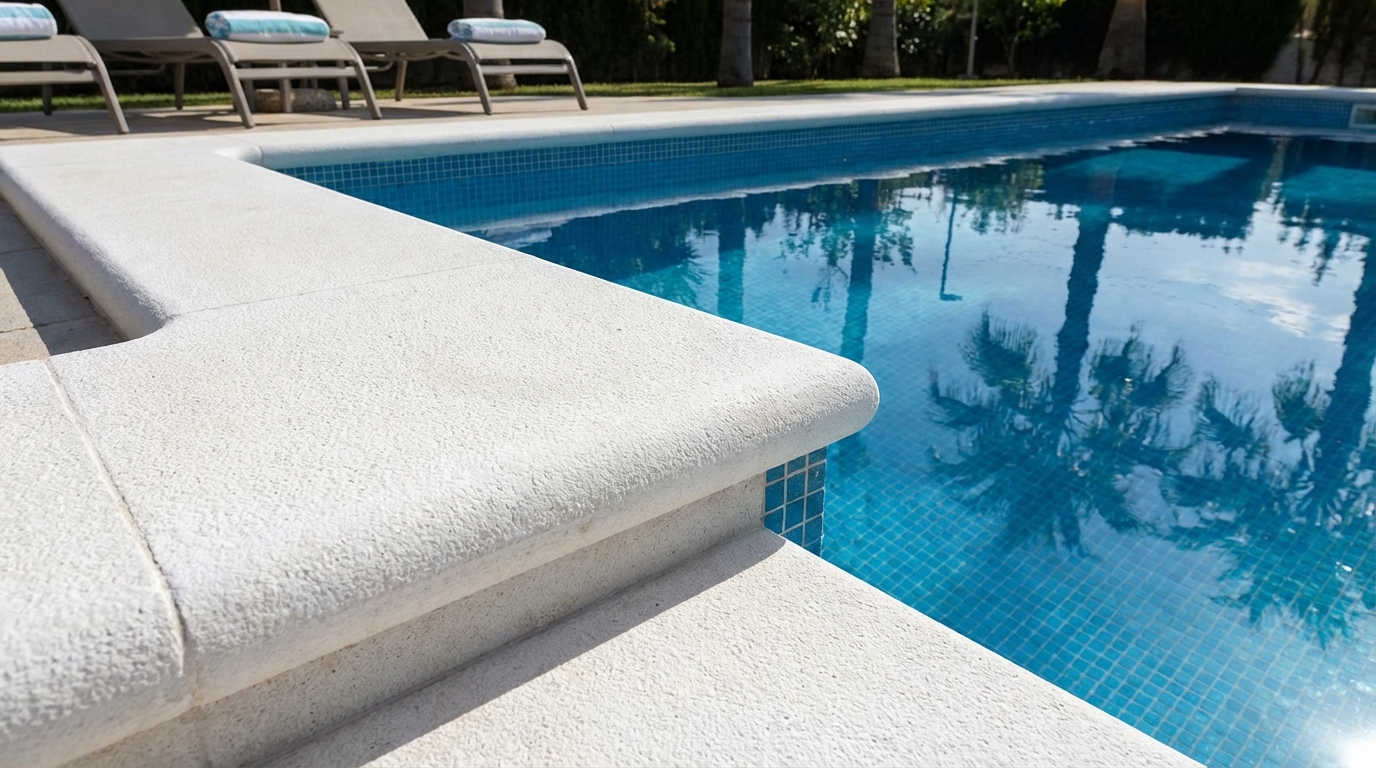 Borde de piscina con piedra artificial blanca atérmica y canto redondeado