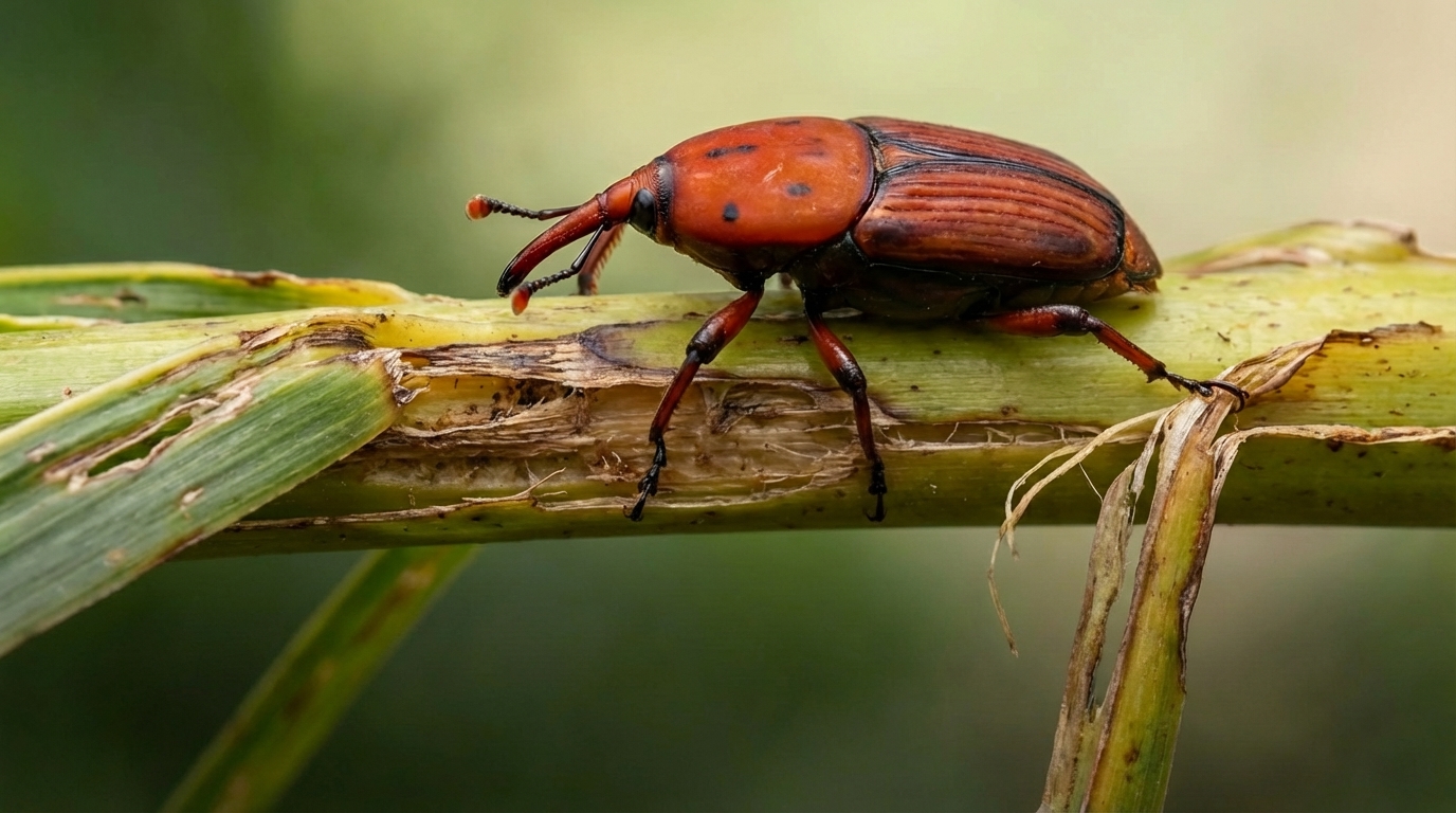 Escarabajo picudo rojo y daños severos en el tronco de una palmera