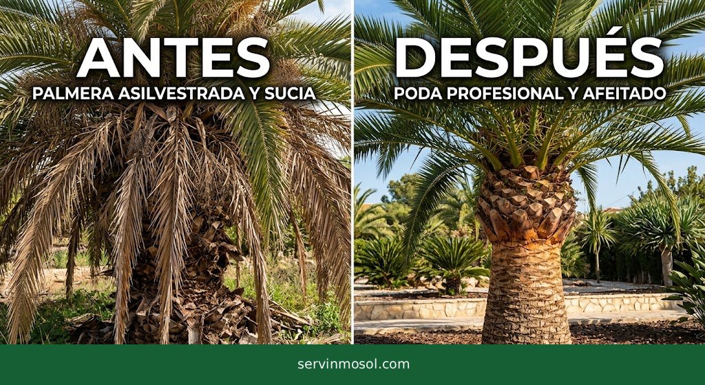 Fotografía real del detalle de una palmera perfectamente podada, mostrando la balona limpia y geométrica y el tronco afeitado liso