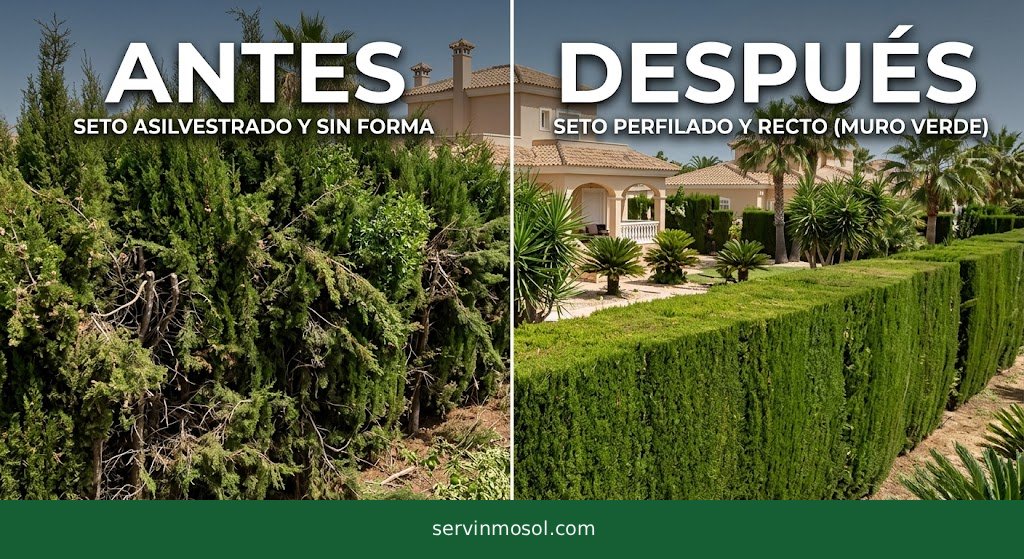 Fotografía real de un seto perimetral verde perfectamente perfilado y recto