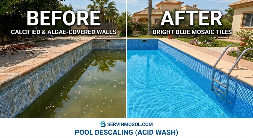 Comparison of before and after a technical descaling (Acid Wash) in a swimming pool