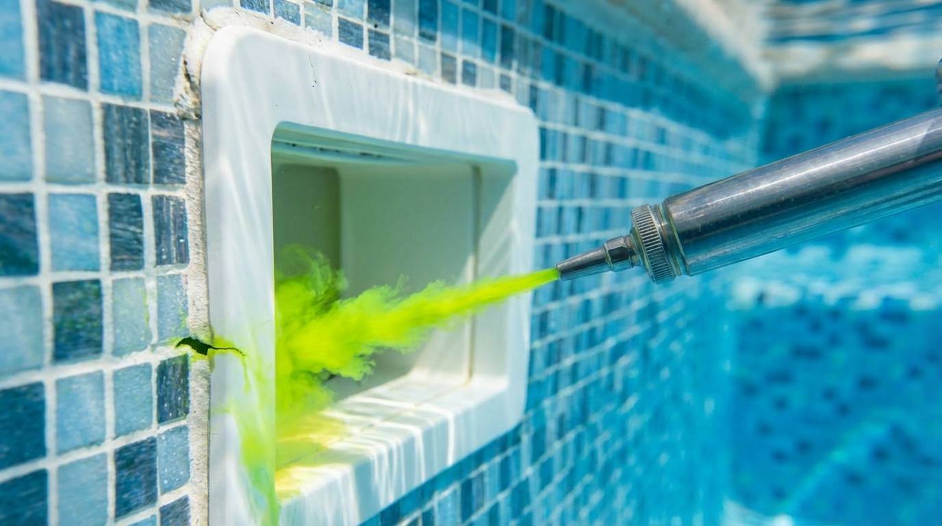 Real photograph of pool leak detection technology, showing underwater dye testing near a skimmer crack