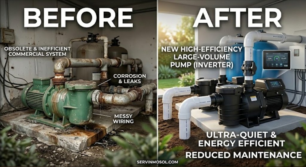 Real photograph of a professional installation of a modern, energy-efficient pool pump connected to new PVC plumbing