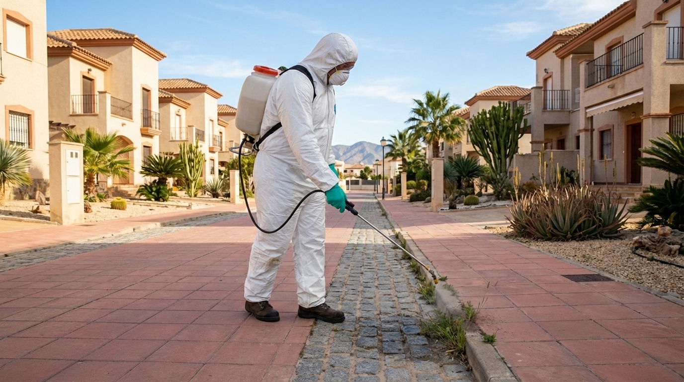 Técnico profesional equipado con EPI realizando una pulverización localizada con mochila en un jardín