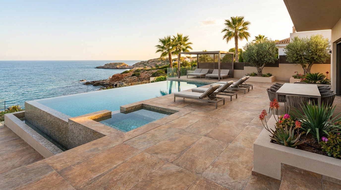 Espectacular terraza de piscina recién renovada con suelo antideslizante