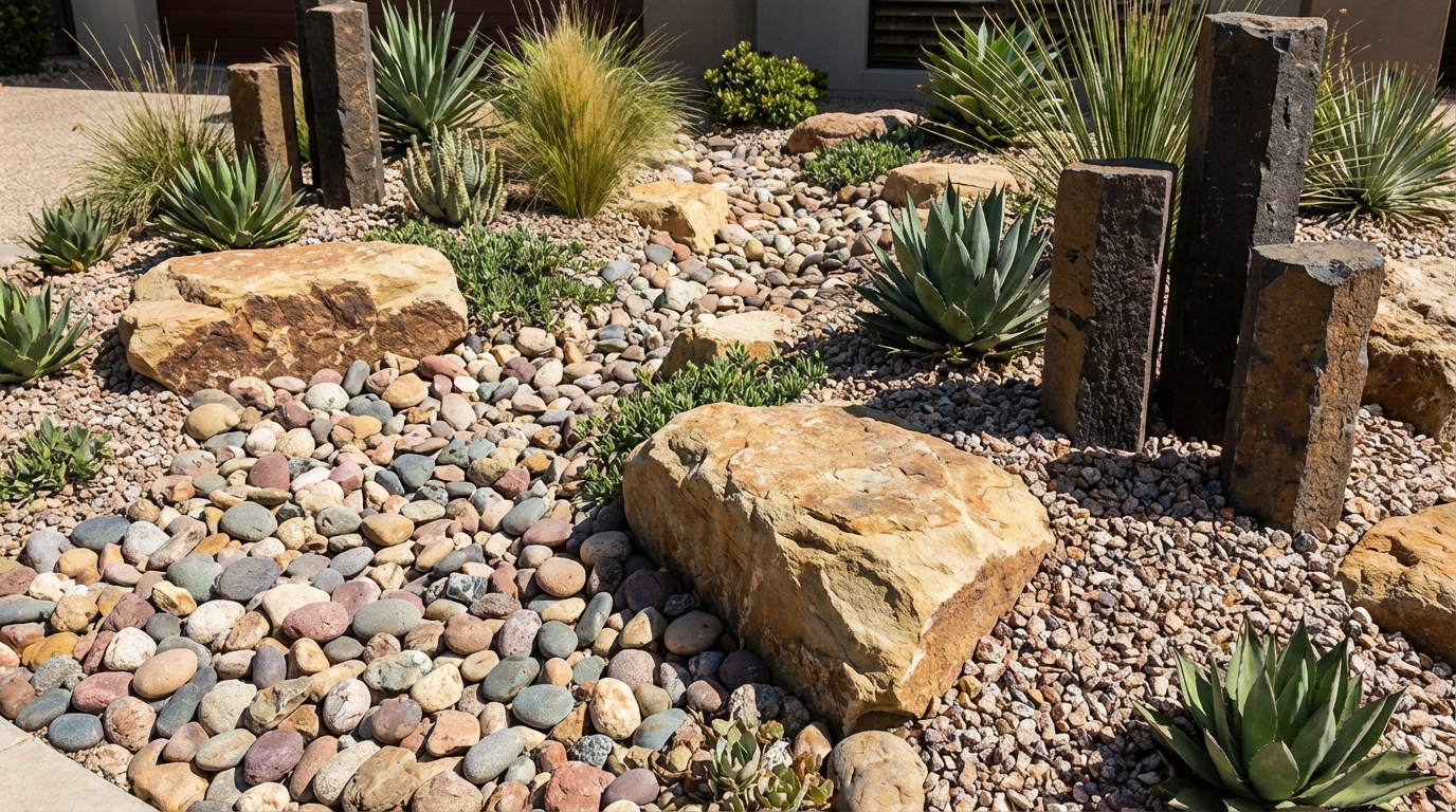 Detalle de grava decorativa tipo Rocalla, Bolos y Monolitos para xerojardinería