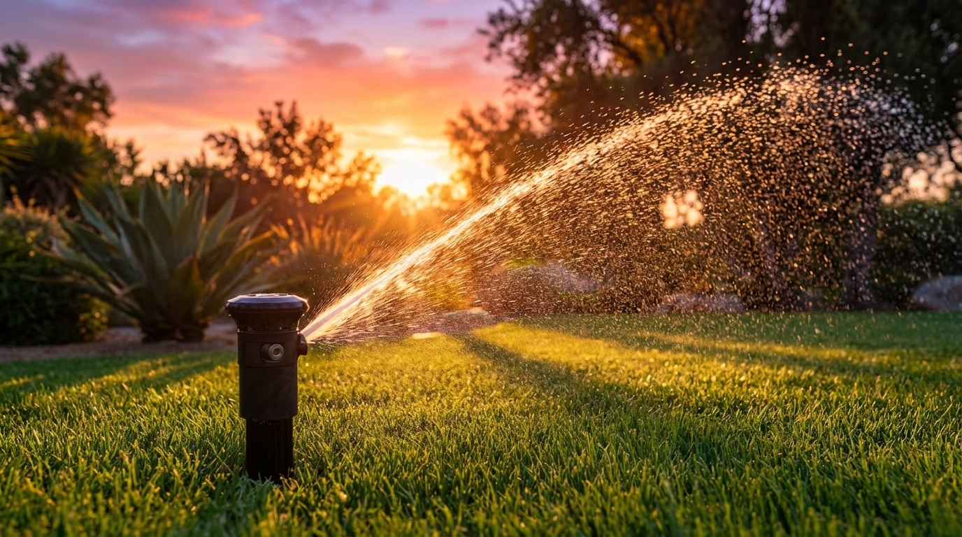 Fotografía de un aspersor emergente regando un césped verde, ilustrando un sistema de riego automático eficiente