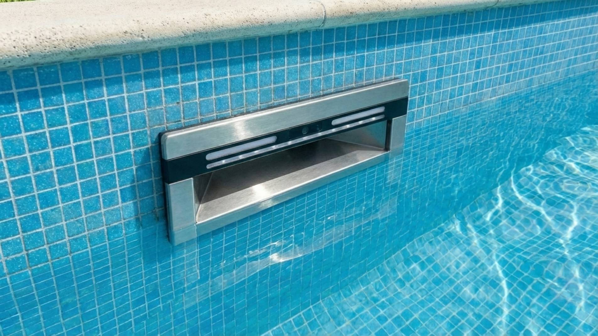Real photograph of a full pool skimmer replacement process, showing the newly installed skimmer box before replacing the coping stone