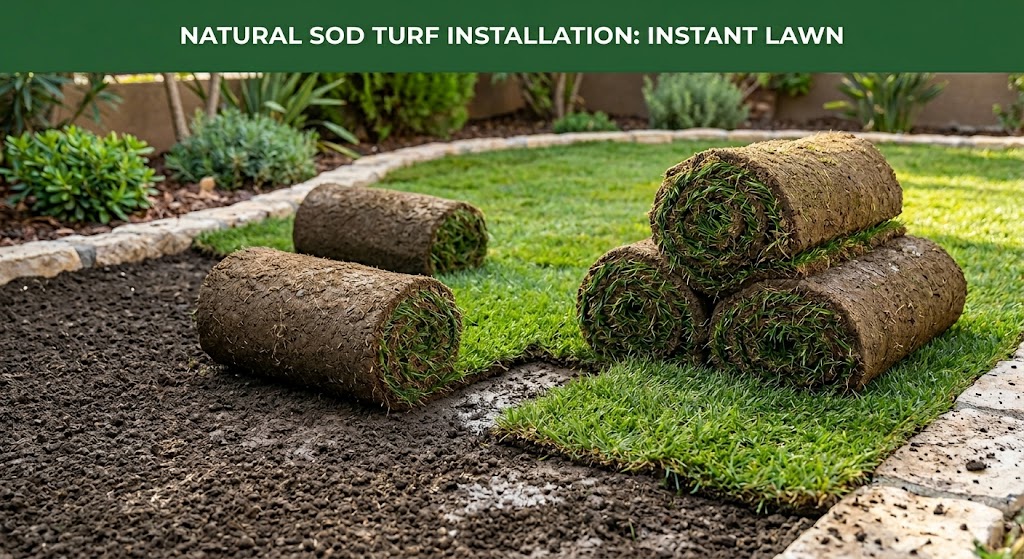 Fresh, high-density natural sod turf rolls ready for garden installation