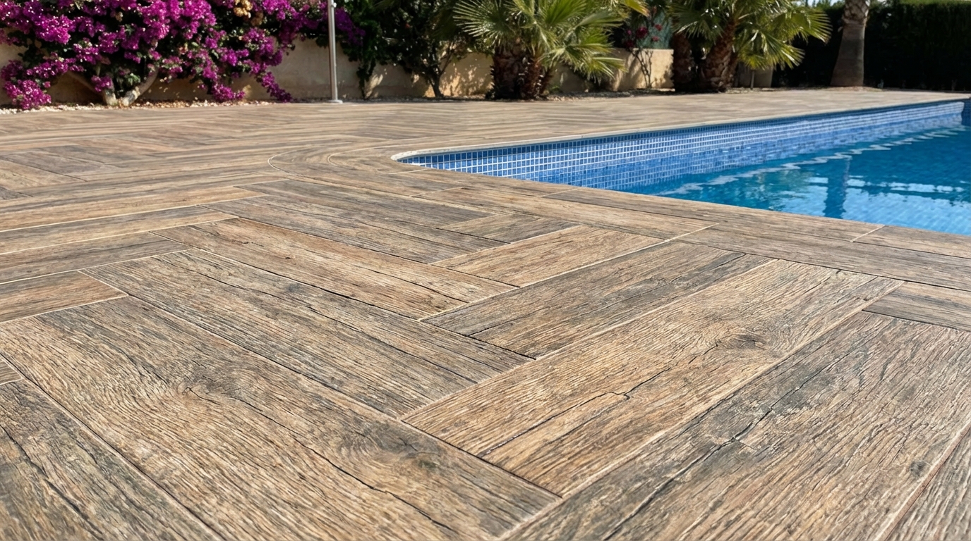 Detalle de suelo porcelánico imitación madera bordeando una piscina
