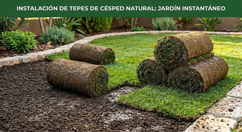 Instalación de Tepes de Césped Natural Rollos de césped natural (tepes) frescos y de alta densidad listos para su instalación en jardín