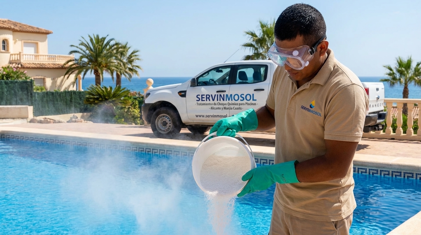 Técnico aplicando de forma segura un tratamiento de choque en una piscina para eliminar algas y bacterias
