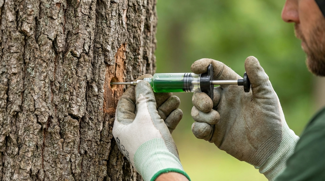 Técnico aplicando tratamiento fitosanitario mediante endoterapia (inyecciones) en el tronco de un pino