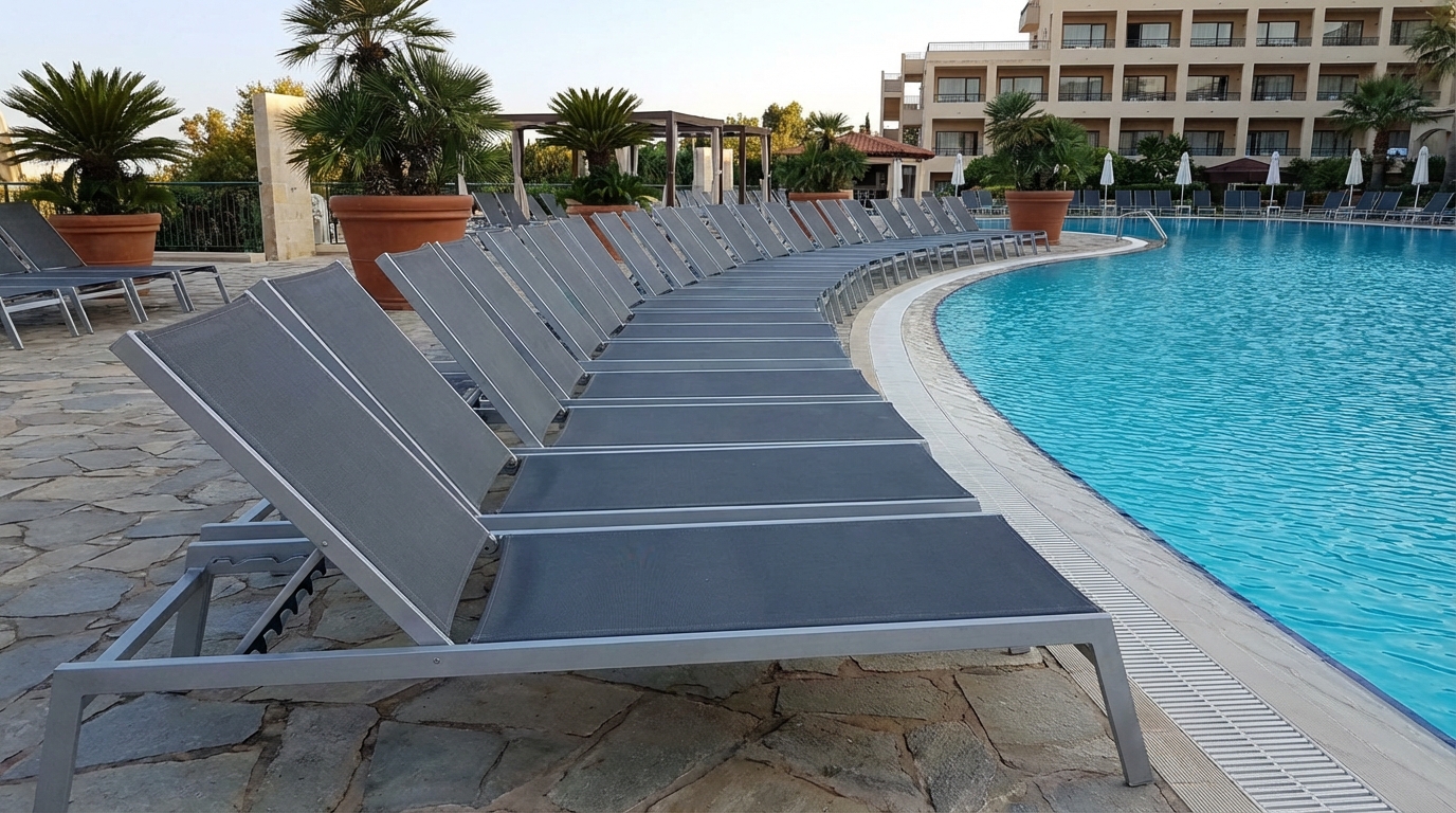 Suministro de Tumbonas para Comunidades - SERVINMOSOL Fila de tumbonas premium de aluminio y textilene en el borde de una piscina