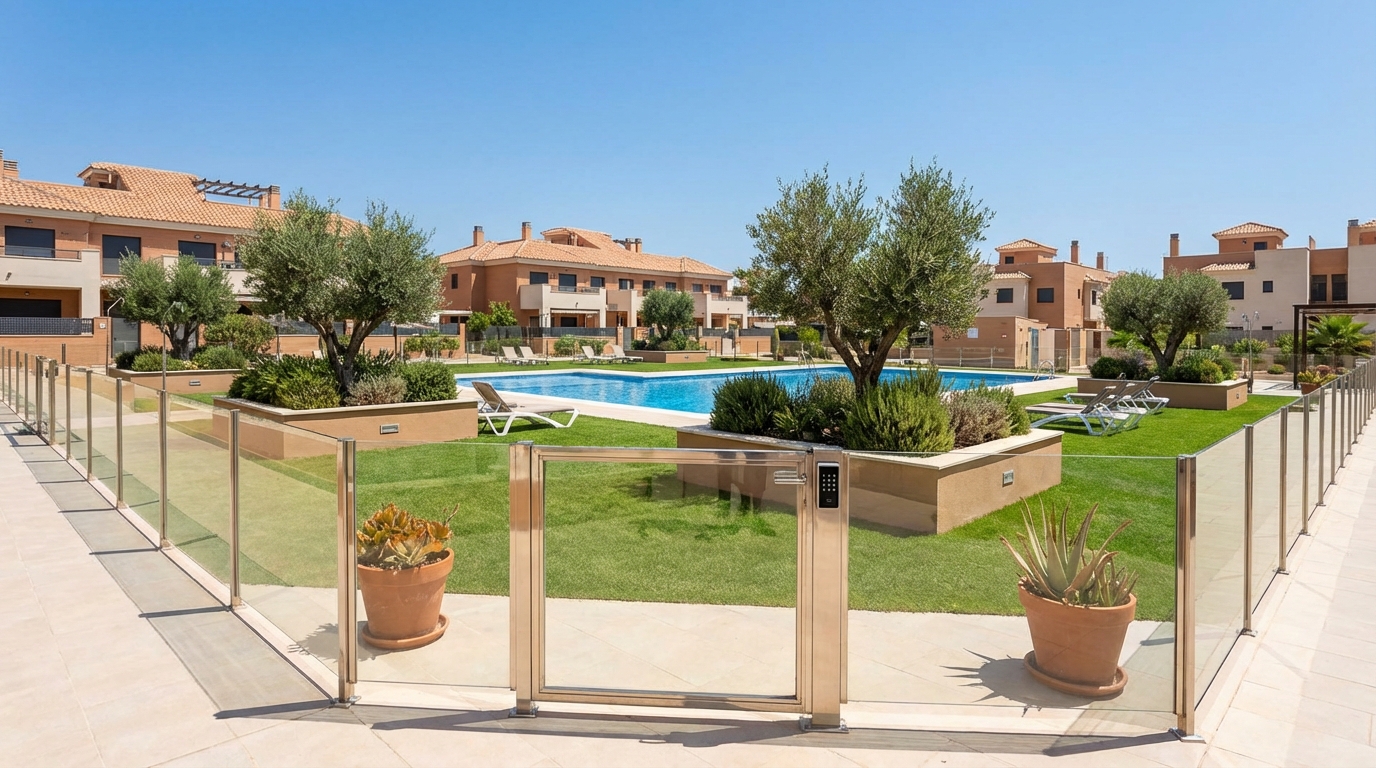Vallado Perimetral de Seguridad - SERVINMOSOL Valla de seguridad acristalada y puerta de acceso magnética rodeando una piscina comunitaria